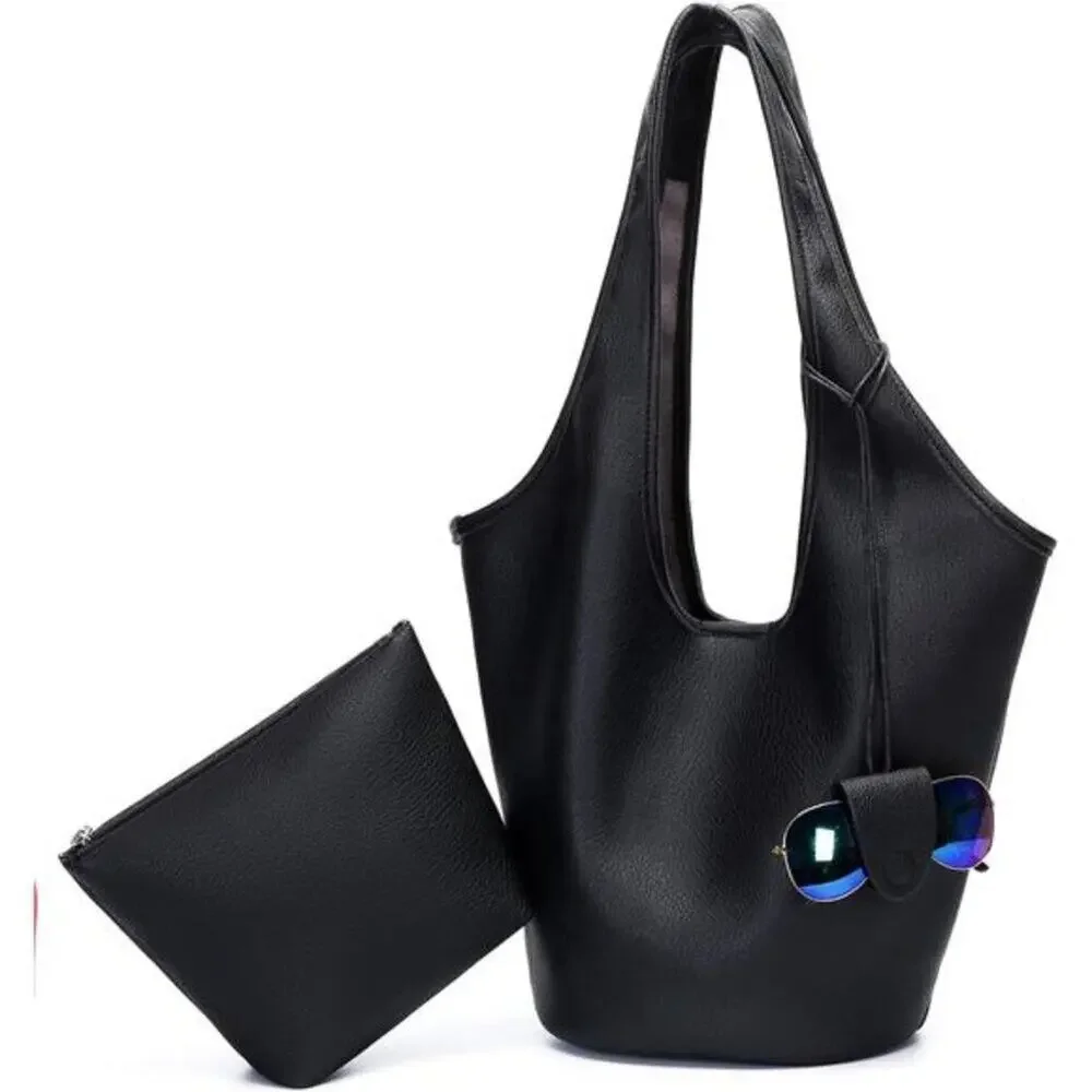 Women Slouchy Hobo Bag 2PCS Black Vegan Leather Large Capacity Shoulder Tote Bag - Picture 2 of 8